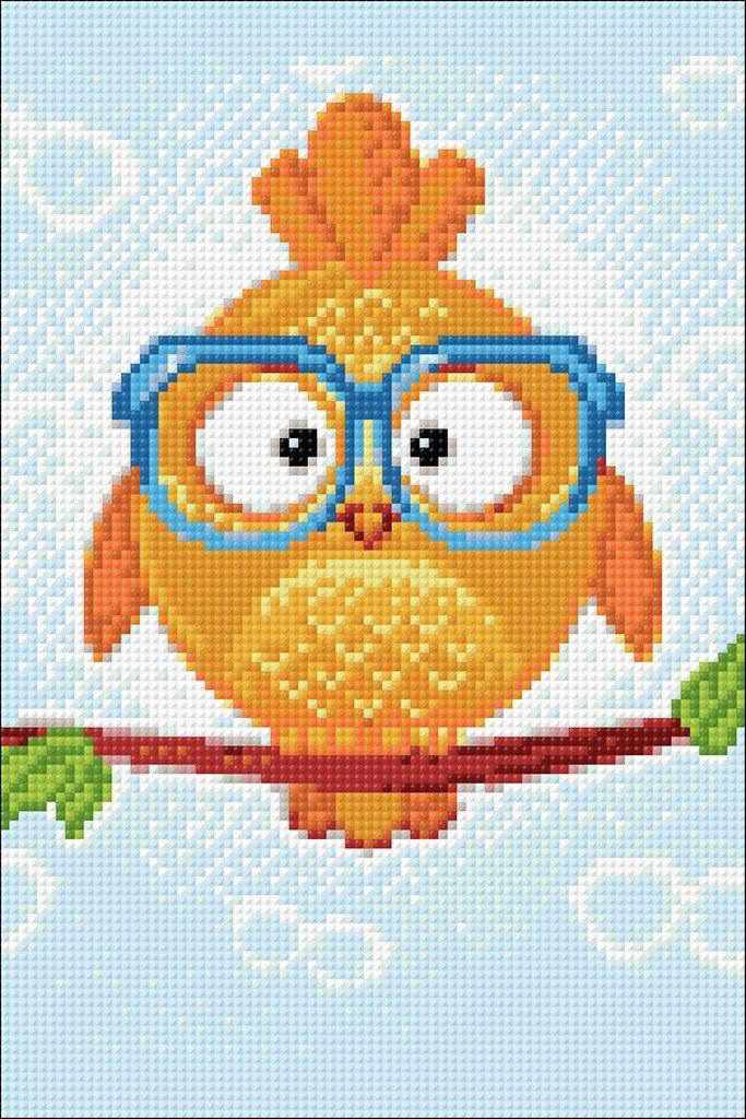 Owl Leo WD249 Wizardi Diamond Painting Kit featuring a self-adhesive canvas, colorful acrylic diamonds, and essential crafting tools.